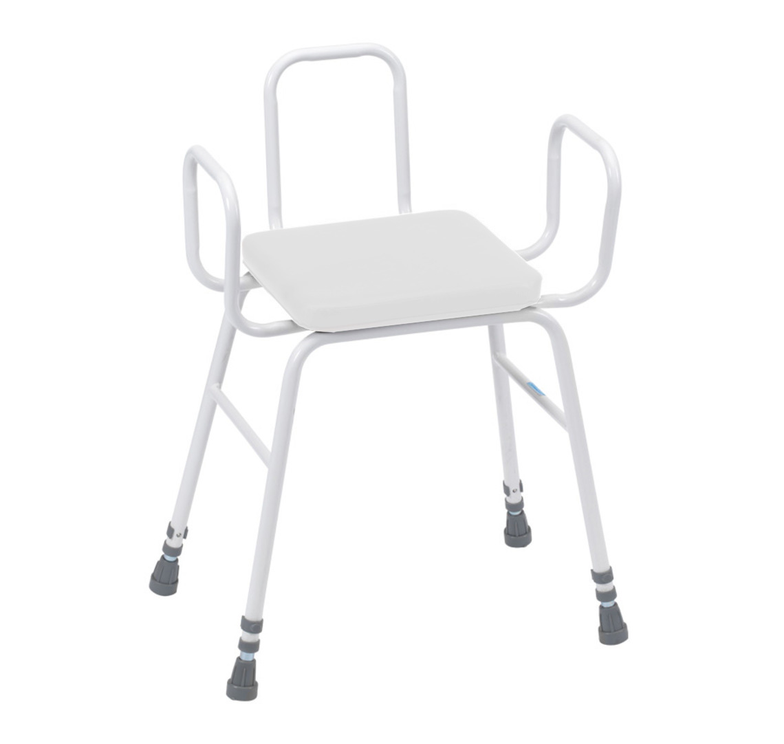 Featured image for “Perching Stool – White PVC Seat, Tubular Armrests and Back”