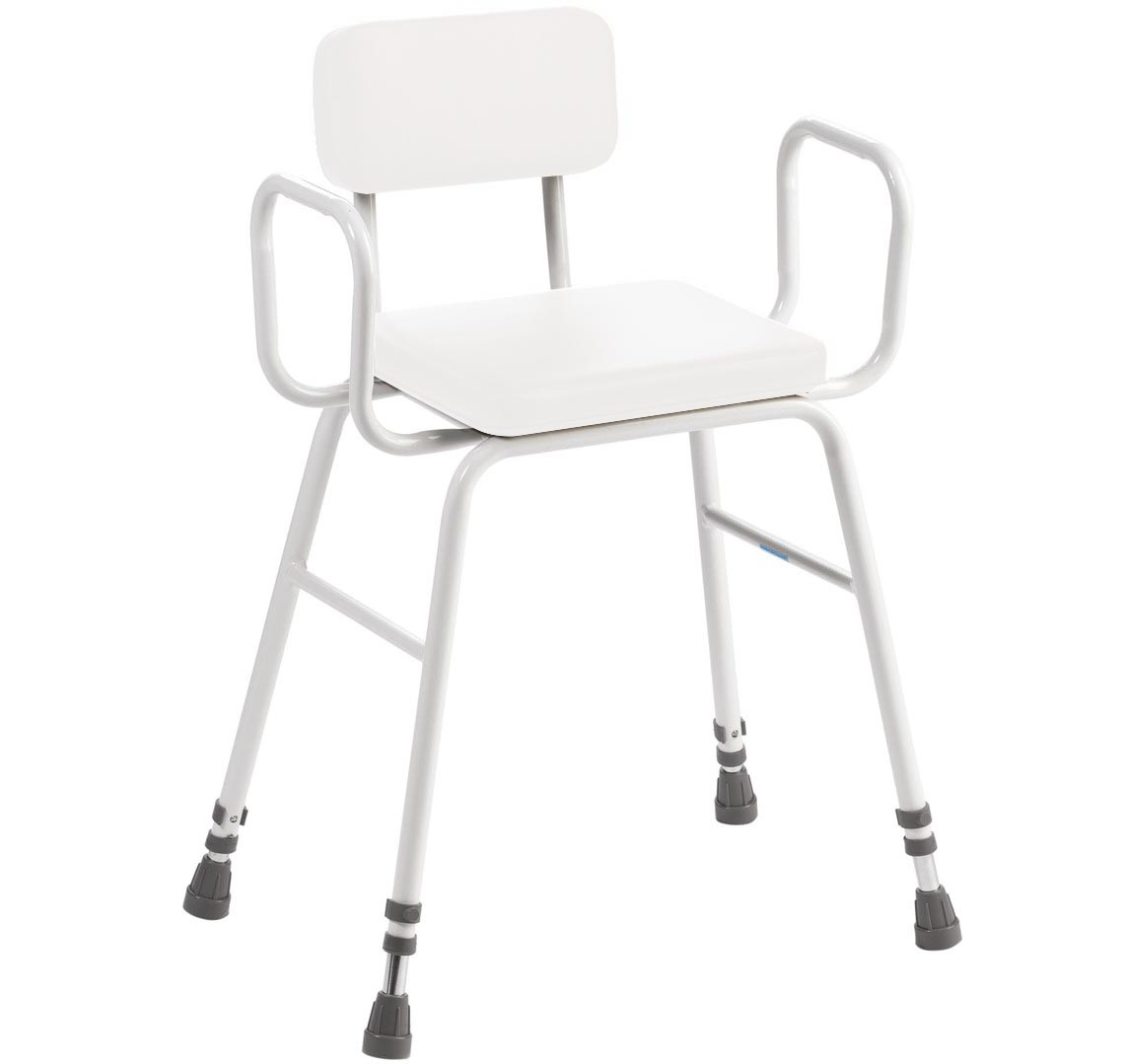 Perching Stool - White PVC Seat, Tubular Armrests and Padded Back - Image 2